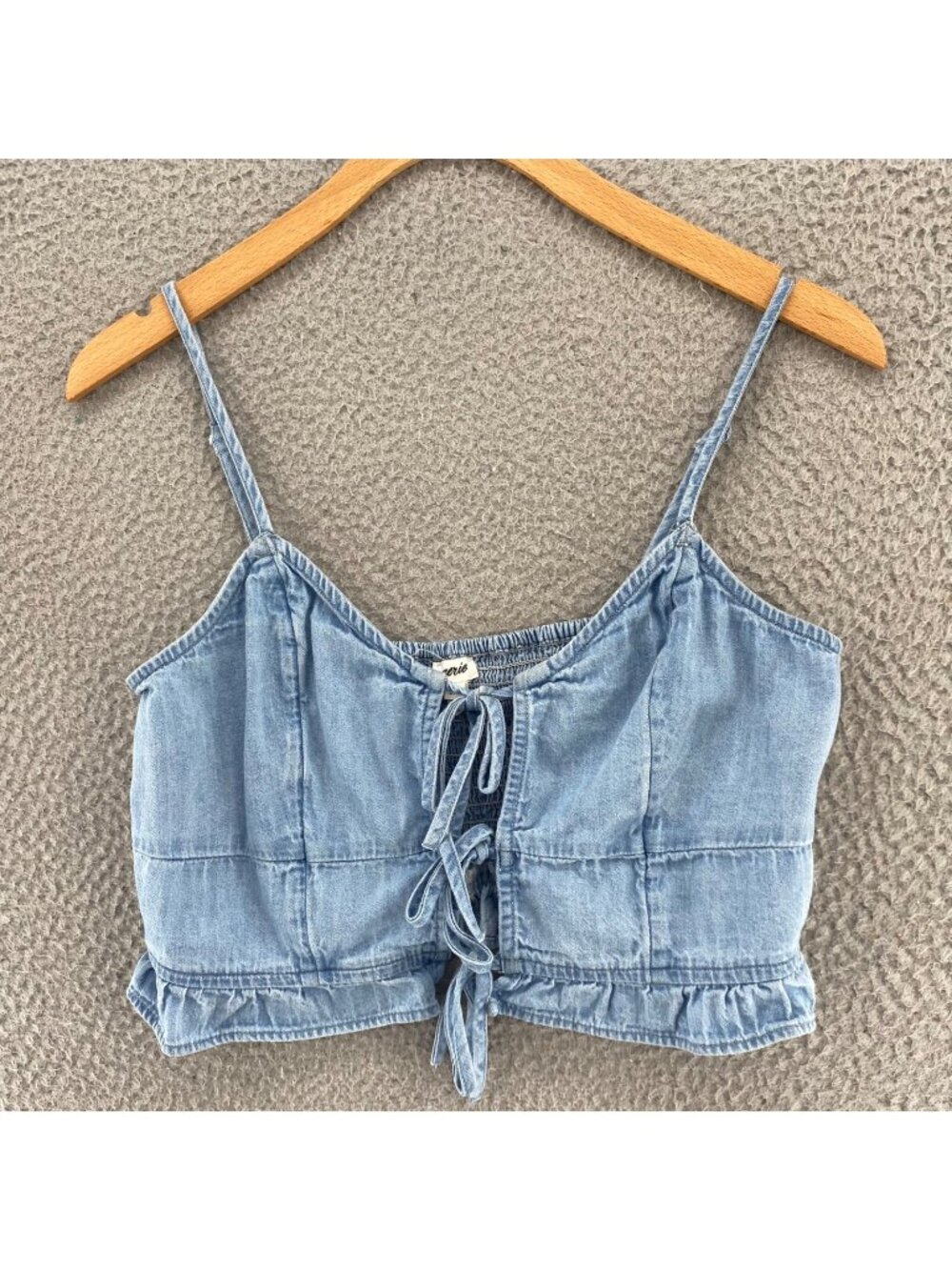 Aerie Top Womens Small Blue Cotton Denim Cropped Camisole Smocked Stretch Tank